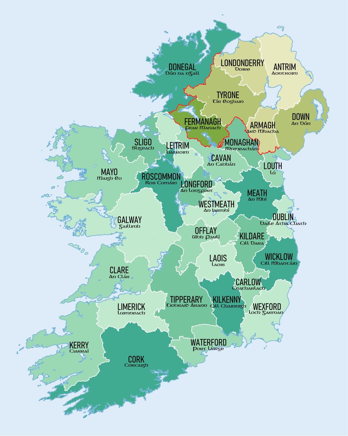 žemėlapis irelands apskrityse